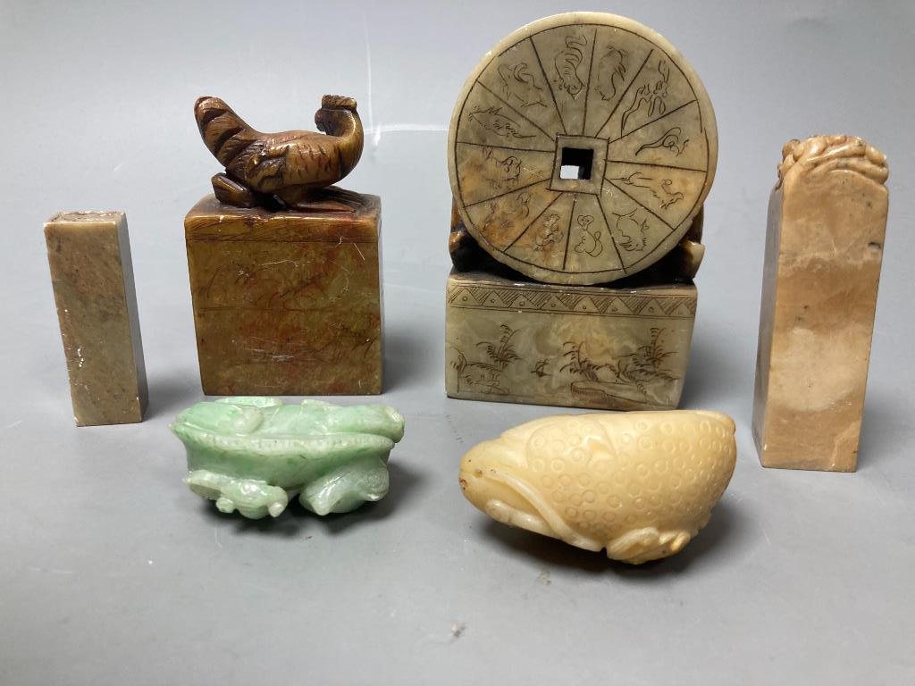 Six various Chinese jadeite and soapstone carvings, tallest 12cm